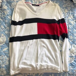Tommy Hilfiger Red and Black Striped V-Neck Sweater